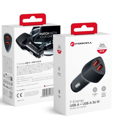 Juodas 2xUSB-A QC3.0 3A 36W automobilinis pakrovėjas "Forcell F-Energy Carbon CC50-2A"