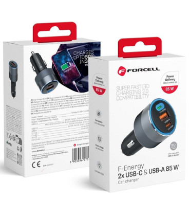 Pilkas 1xUSB-A + 2xUSB-C QC4.0 PD SFC2.0 3A 85W automobilinis pakrovėjas "Forcell F-Energy Alu"