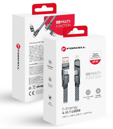 Pilkas USB-C - USB-C QC PD 3A 60W 100cm laidas + adapteriai USB-A - Lightning "Forcell F-ENERGY C241 4in1"