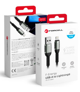 Juodas USB-A - Lightning 2.4A 12W 25cm laidas "Forcell F-Energy C257 Cafule"