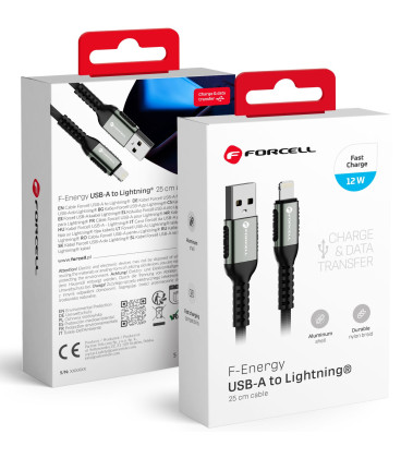 Juodas USB-A - Lightning 2.4A 12W 25cm laidas "Forcell F-Energy C257 Cafule"