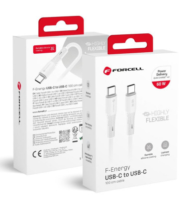Baltas USB-C - USB-C QC4.0 PD 3A 60W 100cm laidas "Forcell F-Energy C344 Silicone"