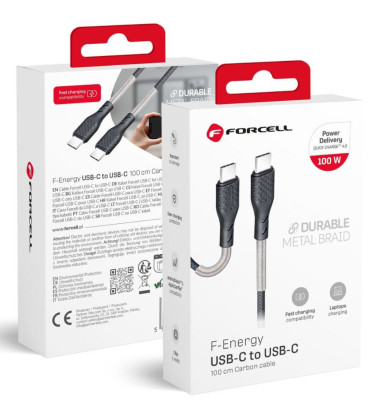 Juodas USB-C - USB-C QC4.0 PD 5A 100W 100cm laidas "Forcell F-Energy CB-04C Carbon"