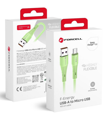 Žalias USB-A - MicroUSB QC3.0 2,4A 18W 100cm laidas "Forcell F-Energy C341 Silicone"
