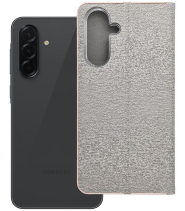 Pilkas (Auksinės spalvos) atverčiamas dėklas Samsung Galaxy A36 5G telefonui "Luna Book"