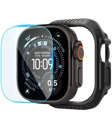 Matinis juodas dėklas + stikliukas Apple Watch Ultra 1 / 2 / 3 / 4 (49 mm) laikrodžiui "Spigen Lock Fit & TG"