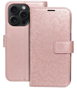 Rausvai auksinės spalvos atverčiamas dėklas Apple iPhone 15 Pro telefonui "Mezzo Flip Book Mandala"