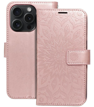 Rausvai auksinės spalvos atverčiamas dėklas Apple iPhone 15 Pro telefonui "Mezzo Flip Book Mandala"