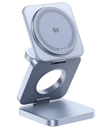 Šviesiai mėlynas belaidis Qi 2.2 25W pakrovėjas - stovas "Forcell AluFold Pro 3in1 Magsafe"