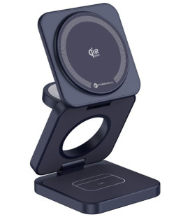 Mėlynas belaidis Qi 2.2 25W pakrovėjas - stovas "Forcell AluFold Pro 3in1 Magsafe"