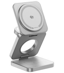 Sidabrinės spalvos belaidis Qi 2.2 25W pakrovėjas - stovas "Forcell AluFold Pro 3in1 Magsafe"