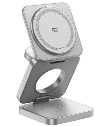Sidabrinės spalvos belaidis Qi 2.2 25W pakrovėjas - stovas "Forcell AluFold Pro 3in1 Magsafe"