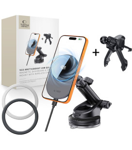 Juodas magnetinis automobilinis telefono laikiklis su 25W QI2.2 krovimu "Tech-Protect V23 ArcticBoost Magsafe Vent & Dash"