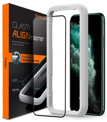 Juodas apsauginis grūdintas stiklas Apple iPhone 11 Pro Max telefonui "Spigen AlignMaster Glas tR"