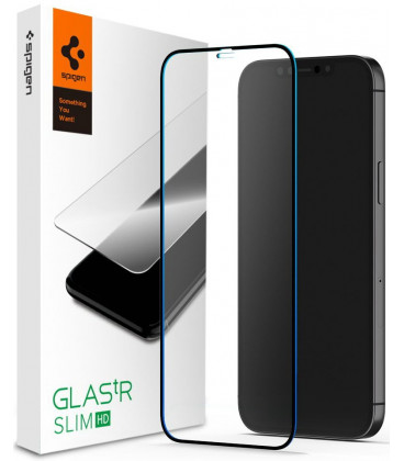 Juodas apsauginis grūdintas stiklas Apple iPhone 12/12 Pro telefonui "Spigen Glas.TR Slim HD"
