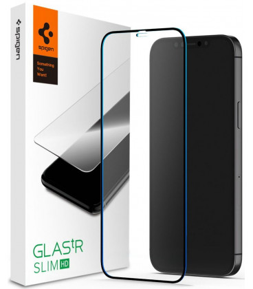 Juodas apsauginis grūdintas stiklas Apple iPhone 12 Pro Max telefonui "Spigen Glas.TR Slim HD"