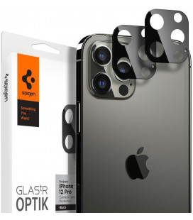 Juodas apsauginis grūdintas stiklas Apple iPhone 12 Pro telefono kamerai apsaugoti "Spigen Optik.TR Camera Lens"