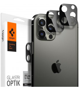 Juodas apsauginis grūdintas stiklas Apple iPhone 12 Pro Max telefono kamerai apsaugoti "Spigen Optik.TR Camera Lens"
