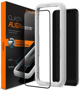 Juodas apsauginis grūdintas stiklas Apple iPhone XR / 11 telefonui "Spigen AlignMaster Glas tR"