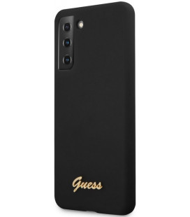 Juodas dėklas Samsung Galaxy S21 Plus telefonui "GUHCS21MLSLMGBK Guess Silicone Metal Logo Script Cover"