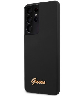 Juodas dėklas Samsung Galaxy S21 Ultra telefonui "GUHCS21LLSLMGBK Guess Silicone Metal Logo Script Cover"